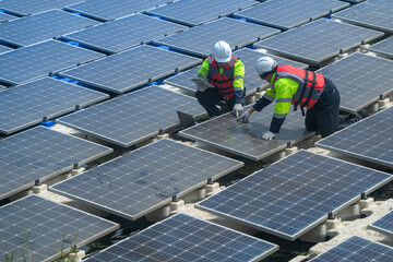 photovoltaic engineers work on floating photovoltaics. workers inspect and repair the solar panel eq