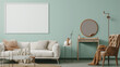 A casual and modern bedroom design with a simple-style sofa, a stylish chair, a charming dressing table, and an empty wall frame mockup against a calming seafoam green background wall.