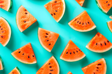 Poster - fruit pattern of fresh watermelon slices on green background. Top view