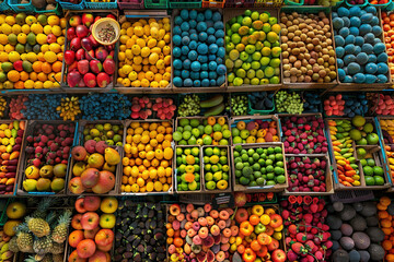 Wall Mural - Colorful Fruit Stand Display from Above with Fresh Produce