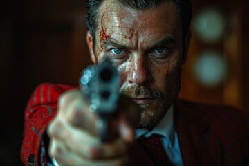 Close-up shot of a focused man aiming a handgun with serious intent, rich textures and details evident in his attire