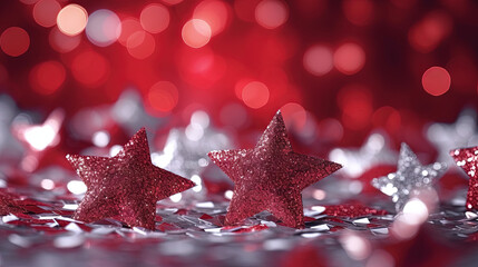 Poster - Abstract shiny background with red glitter. Scattered confetti sparkles with bright and vibrant red color.
