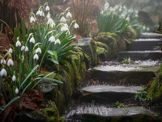 Snowdrops on the foggy forest path.