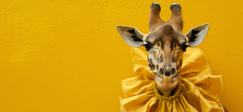 beautiful majestic portrait of a giraffe wearing a frill on its neck with copyspace for text