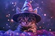 A cute kitten wearing a magical wizard hat conjures spells amidst sparkling magic on a blurred purple backdrop.