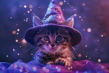 A Cute Kitten Wearing A Magical Wizard Hat Conjures Spells Amidst Sparkling Magic On A Blurred Purple Backdrop.