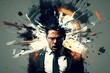 A dynamic image capturing a businessman surrounded by swirling ideas, his head exploding with energy, symbolizing the explosive nature of a groundbreaking concept.