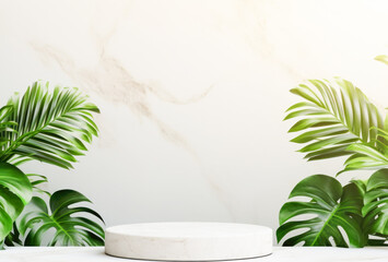 Wall Mural - Empty marble board with monstera and palm leaves on a light texture  background. Concept for presentation of promotional products, sale or demonstration of cosmetics. Generated AI.