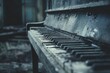 An eerie, haunting melody emerges from an old piano, minimal style, blurred dark tone, playing by itself.