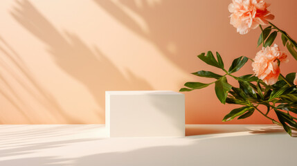 Wall Mural - White cube blank for product display or mockup on a peach background with shadows and beautiful spring flowers. AI generated.