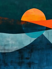 Wall Mural - A painting depicting a vibrant sunset casting warm hues over a calm body of water.