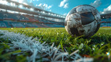 Fototapeta Sport - Photo of soccer ball lying on the grass of stadium. Close photo