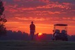 © lublubachka - Person playing golf at sunset, with golf cart