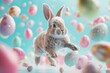 Illustrastion of cute Easter bunny jumps among colorful Easter eggs on a green lawn