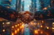 Double exposure of business handshake for successful of investment deal and city night background