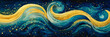 Ocean wave night sky in blue, aqua, gold paint texture. Water wave brushstrokes banner background for ocean wave painting. Starry night art wavy water waves magic fairytale illustration by Vita