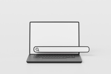 Poster - 3D Laptop computer with search bar icon. Navigation and search, SEO internet marketing concept. Web browser on computer screen. Cartoon creative design icon isolated on white background. 3D Rendering.