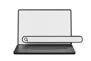 Poster - 3D Laptop computer with search bar icon. Navigation and search, SEO internet marketing concept. Web browser on computer screen. Cartoon creative design icon isolated on white background. 3D Rendering.