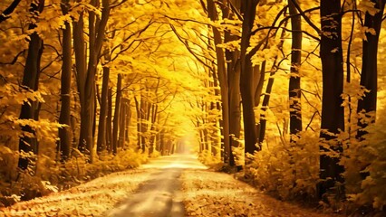 Sticker - Autumnal road in the forest with yellow leaves and sun rays, Autumn forest scenery with road of fall leaves & warm light illumining the gold foliage, AI Generated