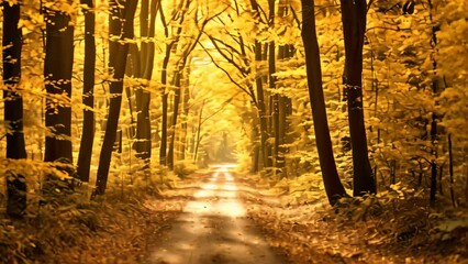 Sticker - Autumn forest road in the morning light. Beautiful nature background. Autumn forest scenery with road of fall leaves & warm light illumining the gold foliage, AI Generated