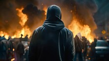 Demonstrators protest in the center of Mulhouse, Back view Aggressive man without face in hood against backdrop of protests and burning cars, AI Generated
