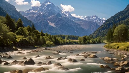 Sticker - Mountain river in the Himalayas, Annapurna region, Nepal, Baishui River Baishui Tai or White Water River at Jade Dragon Snow Mountain Yulong mountain in Yunnan, China, AI Generated