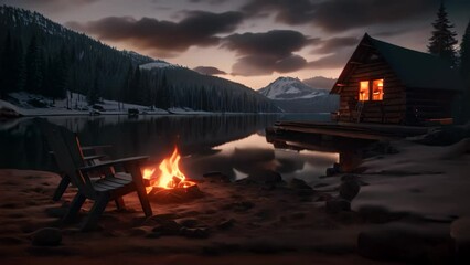 Canvas Print - Camping on the shore of a mountain lake in the winter, Camp by the lake with campfire in winter at dusk, AI Generated