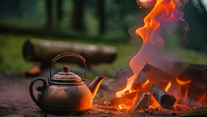 Poster - Kettle on a fire in the forest. Camping concept, Camp fire and tea pot are foreground and focused, there is a tent in the background and defocused, AI Generated