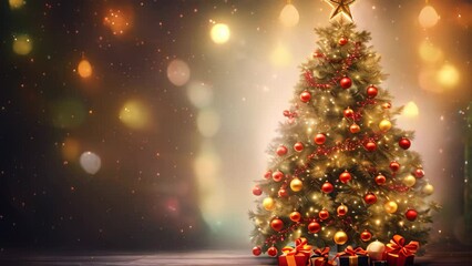 Wall Mural - Christmas tree and gifts on a wooden background with bokeh, Christmas Tree With Baubles And Blurred Shiny Lights, AI Generated