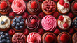 Set of different kinds of cupcakes with berries. background banner