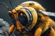 A detailed view of a bee up close, wearing a protective helmet. The bee appears to be going about its daily activities while outfitted with the unique headgear