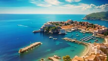 Panoramic aerial view of Dubrovnik old town in Croatia, Dubrovnik landscape. / Aerial view at famous european travel destination in Croatia, Dubrovnik old town, AI Generated