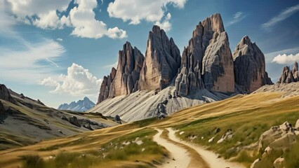 Poster - Panoramic view of Tre Cime di Lavaredo in Dolomites, Italy, famous Italian National Park Tre Cime di Lavaredo. Dolomites, South Tyrol. Auronzo, AI Generated