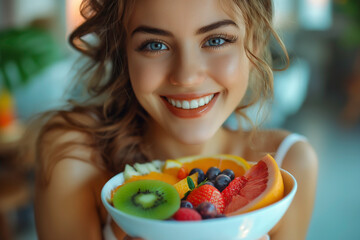 smiling beautiful woman holding a bowl of fruit salad, vitamin c fruits with a bright smile, vitamin