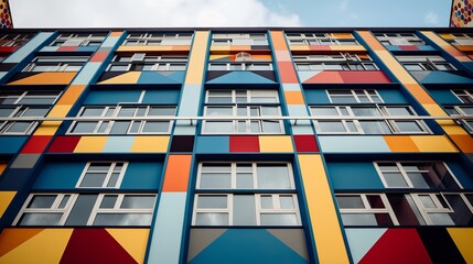 Canvas Print - A colorful geometric building with vibrant ornamentation and windows on the wall stands out in the cityscape, offering a dynamic architectural element.