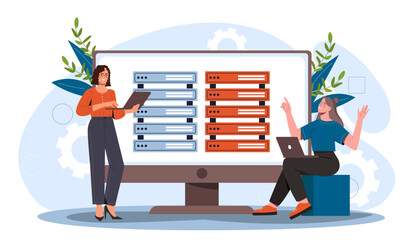 Poster - Women with data hosting. Young girls sitting near computer monitor. Electronic storage and archive with information. Servers with files and cloud service. Cartoon flat vector illustration