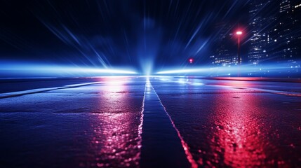 Poster - A dark street scene with reflections of neon light on wet asphalt and rays of light creates an abstract dark blue background, capturing the ambiance of the night city.