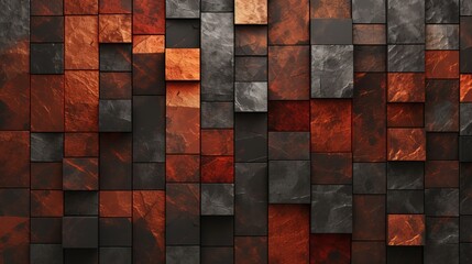 Poster - A fiery red, brown, burnt orange, and copper black abstract background features geometric shapes, color gradients, and a 3D effect, creating a visually dynamic and textured composition.