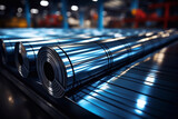 Shiny galvanized coil and sheets of metal on blur background of manufacturing workshop.