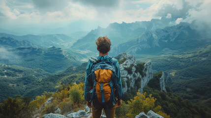 Wall Mural - Woman Hiking With Backpack on Mountain Top