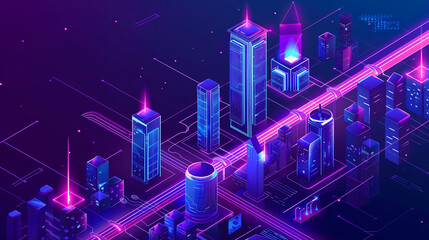 Wall Mural - Isometric innovation futuristic Smart city, big data connection technology and secure wireless connection concept background