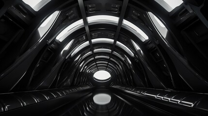 Canvas Print - A metallic structure resembling a spaceship interior is depicted in black and white, evoking a futuristic and otherworldly ambiance.