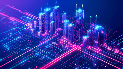 Wall Mural - Isometric innovation futuristic Smart city, big data connection technology and secure wireless connection concept background