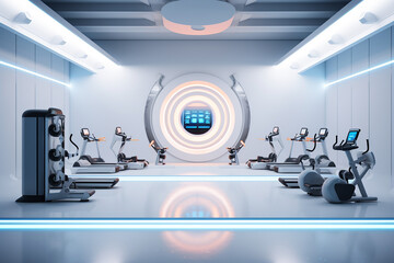 Wall Mural - futuristic gym filled with holographic displays of cutting edge sports nutrition products. Ai generated