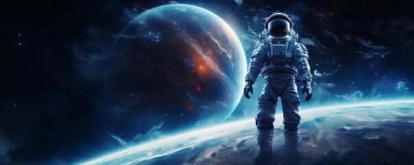 Wall Mural - astronaut walking in space exploring universe planets and space life, banner. generative ai.