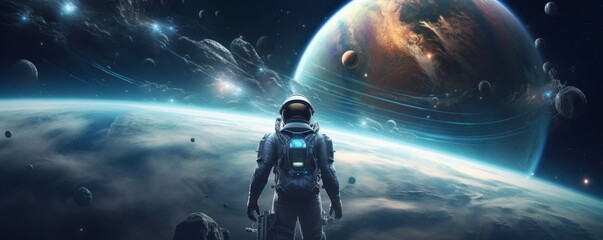 Wall Mural - astronaut walking in space exploring universe planets and space life, banner. generative ai.