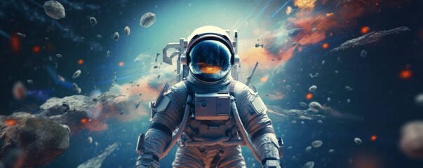 Wall Mural - astronaut walking in space exploring universe planets and space life, banner. generative ai.