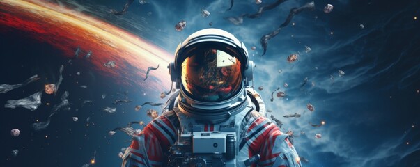 Wall Mural - astronaut walking in space exploring universe planets and space life, banner. generative ai.