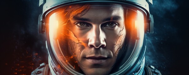 Wall Mural - portrait of astronaut walking in space exploring universe planets and space life, banner. generative
