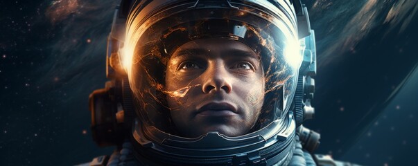 Wall Mural - portrait of astronaut walking in space exploring universe planets and space life, banner. generative